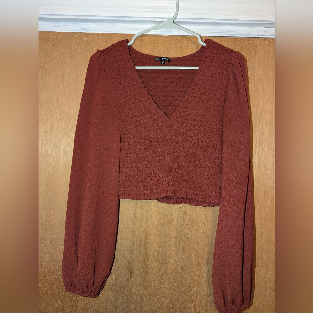 Burgundy V-Neck Smocked Cropped Blouse